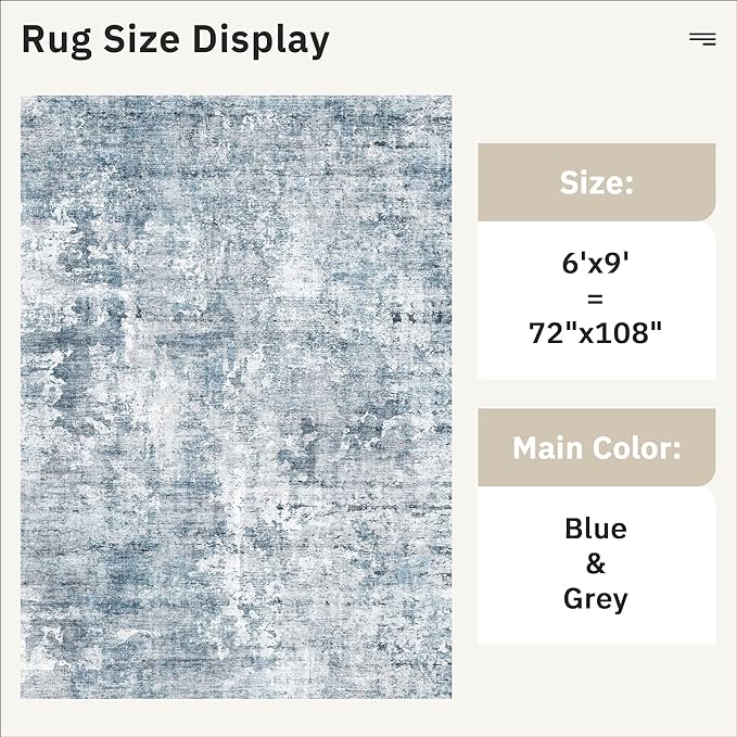 Area Rug 6x9 Abstract Rugs for Living Room 6 x 9 Washable Rugs Blue Non Slip Low Pile Rugs for Bedroom Dining Room Foldable Thin