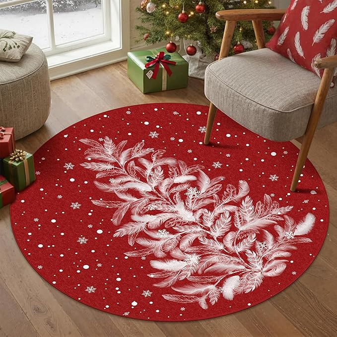 Christmas Round Rug 4ft Red Washable Non-Slip Round Circle Rug Funny Christmas Tree Carpet for Living Room Bedroom Dining Room Playroom Nursery