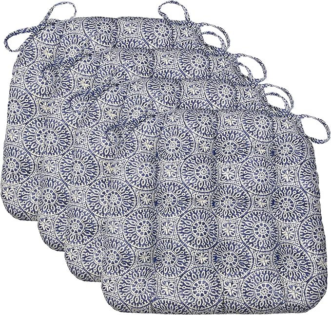 Barnett Home Decor Chair Cushions for Dining Chairs - 16.5x18 Kitchen Chair Cushions - Machine Washable, 100% Cotton, Made in USA - Latex Foam Chair Pads - Tibet Blue Mandalas Medium Pack of 4