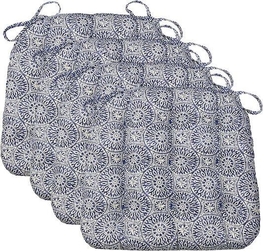 Barnett Home Decor Chair Cushions for Dining Chairs - 15x17 Kitchen Chair Cushions - Machine Washable, 100% Cotton, Made in USA - Latex Foam Comfort Chair Pads - Tibet Blue Small Pack of 4