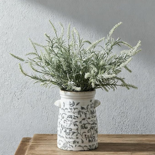 SIDUCAL Ceramic Gray and White Vase with 2-Ear, 8 Inch Ice Cracked Vintage Pastoral Vase, Rustic Farmhouse Vases for Home Decor, Table, Living Room, Shelf Decor, Chinoiserie Decor, Gray Floral Pattern