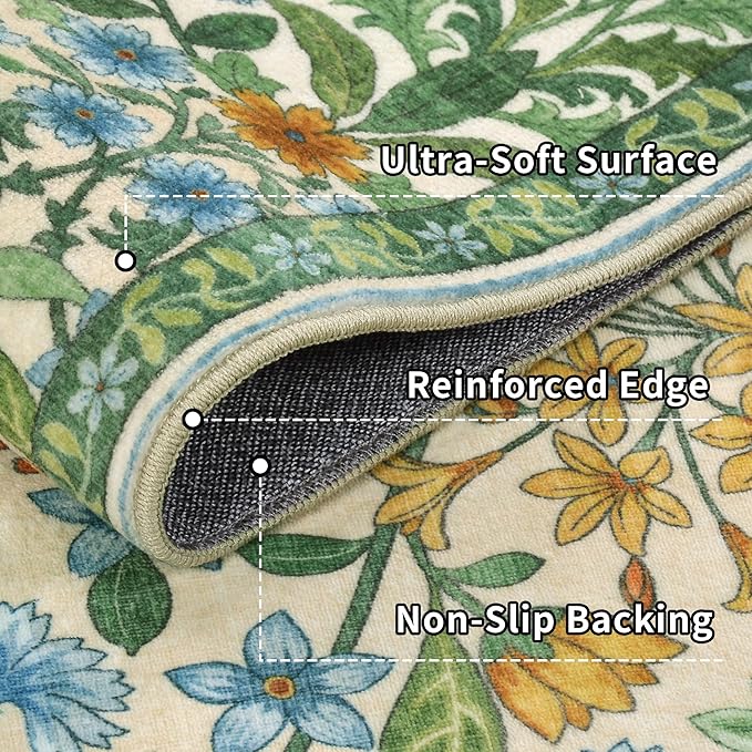 Round Rug 4ft Grass Green Washable Floral Circle Rug,Vintage Boho Botanical Round Area Rugs, Non-Slip Soft Low-Pile Circular Carpet for Bedroom,Kids Room,College Dorm,Home Decor