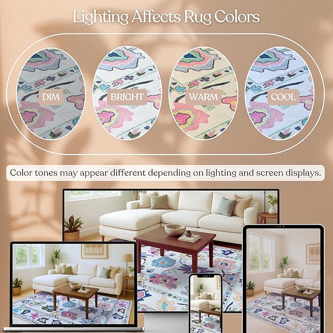 Fame Living Colorful Oushak Rug, Modern, Vintage, Turkish, Eclectic, Floral, Pastel, Washable, Area Rugs for Living Room, Dining, Bedroom, Nursery, Girls, Boys, 5'9"x8'9"