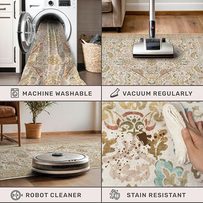 Large Entryway Rugs Indoor - Beige 3x4 Washable Rugs for Kitchen Bedroom Beside Bed Door Mat Indoor Entrance with Vintage Woodland Flowers, Non Slip Stain Resistant Low Pile