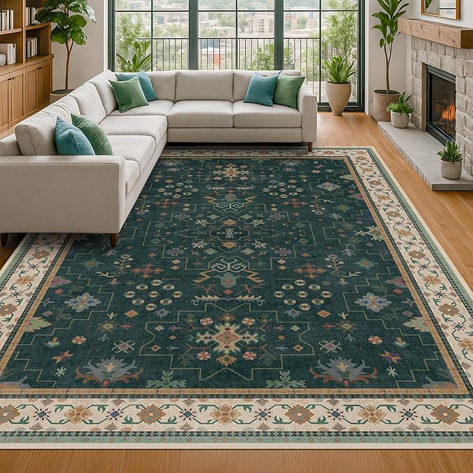 Dark Green Vintage 7x10 Washable Rugs for Living Room - Dark Academia Victorian Floral Geometric Bedroom Rug, Ultra Soft Thin Low Pile Non-Slip Large Rugs for Lounge