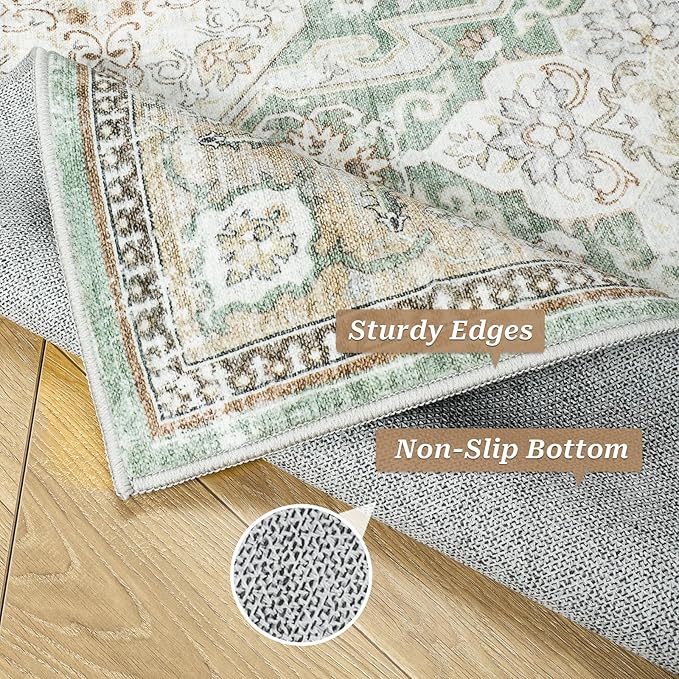 8x10 Area Rugs, Washable Rugs, Large Stain Resistant Area Rug for Living Room Bedroom Dining Room, Vintage Farmhouse Rug Green