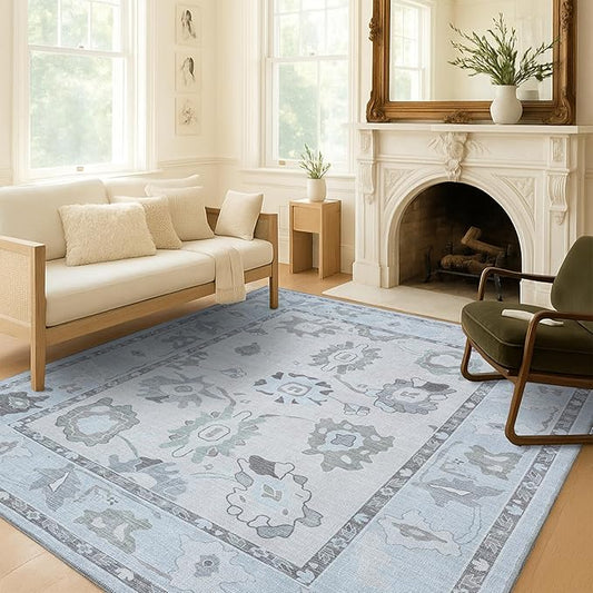 Fame Living Cream Beige Oushak Rug, Modern, Vintage, Turkish, Eclectic, Floral, Pastel, Washable, Large Area Rugs for Living Room, Dining, Bedroom, Girls, Boys, 7'5"x9'8"