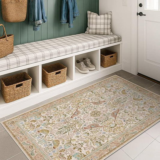 Large Entryway Rugs Indoor - Beige 3x5 Washable Rugs for Kitchen Bedroom Beside Bed Door Mat Indoor Entrance with Light Beige Woodland Flowers, Non Slip Stain Resistant Low Pile