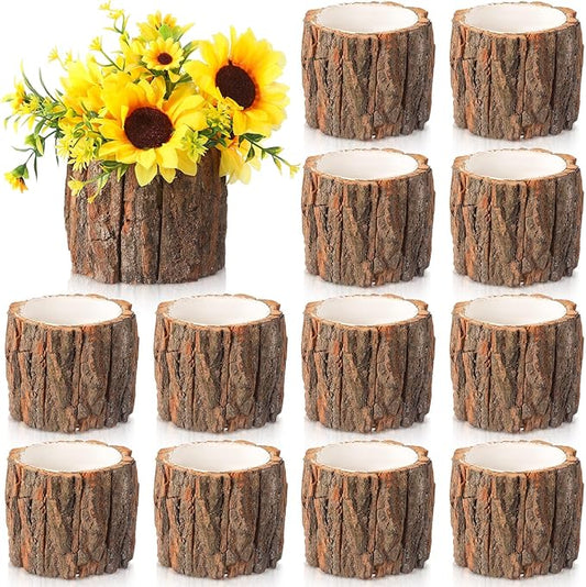 12 Pcs Wooden Vase for Centerpieces Christmas Table Decor Wooden Flower Vase Rustic Bark Stump Buckets Vintage Wood Planter Pots for Xmas Woodland Party Wedding Window Home Farmhouse