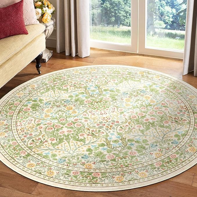 Light Green Round Rugs 6ft - Soft Washable Boho Floral Bedroom Circle Rug Stain Resistant Dining Room Rugs for Under Round Table Beige Vintage Area Rug for Living Room Office Home Decor