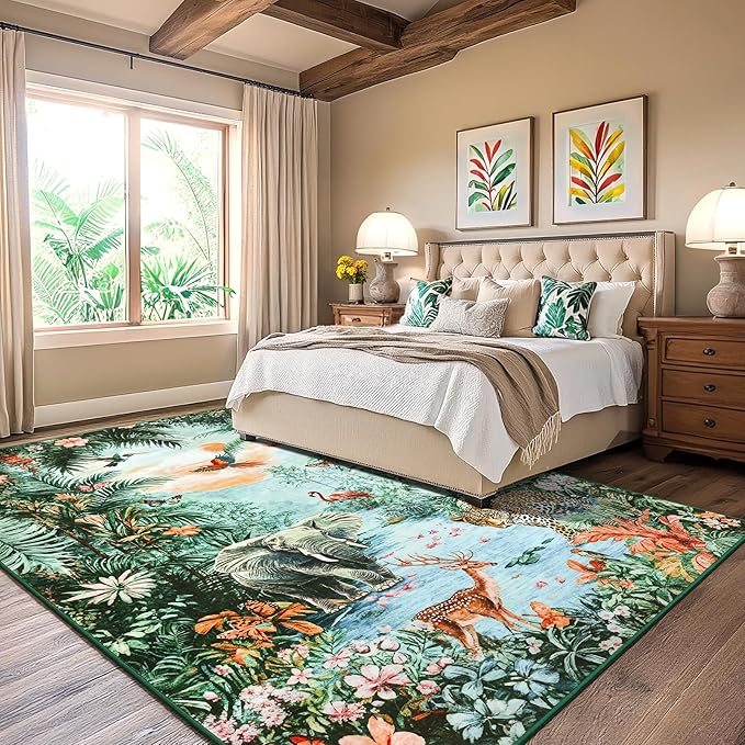 Amearea Jungle 8x10 Large Rugs for Living Room, Washable Green Area Rug 8 x 10 Forest Animal Rug, Low Pile Kids Nursery Room Rug, Soft Leopard Rugs Carpet for Boys Girls Playroom Dining Room Decor