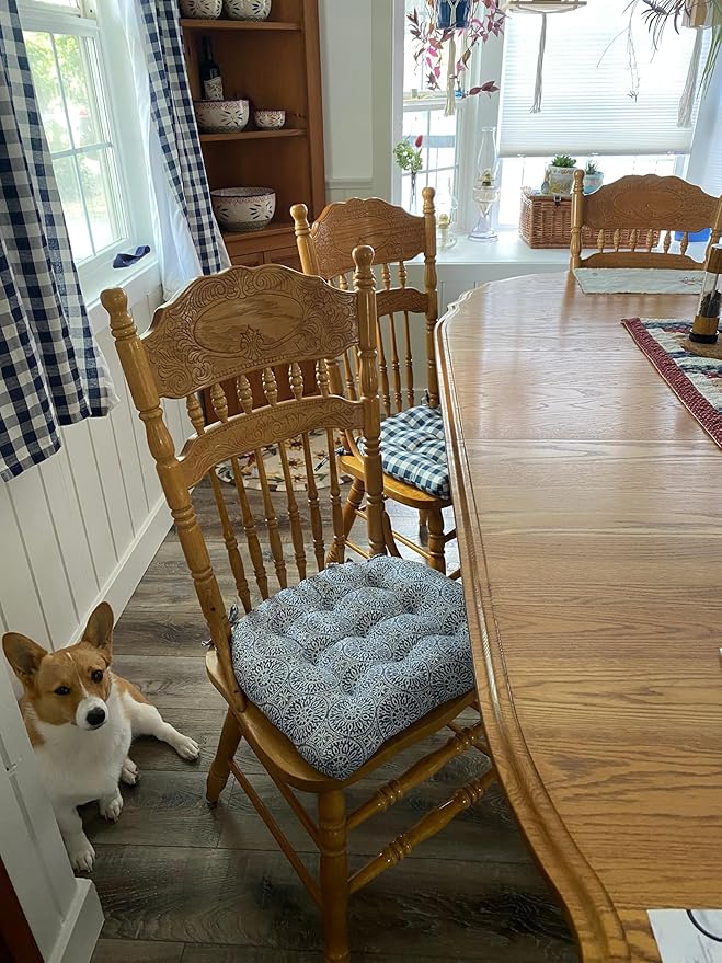 Barnett Home Decor Chair Cushions for Dining Chairs - 15x17 Kitchen Chair Cushions - Machine Washable, 100% Cotton, Made in USA - Latex Foam Comfort Chair Pads - Tibet Blue Small Pack of 4