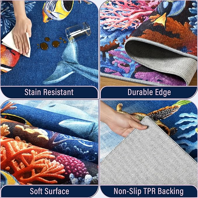 Amearea Soft Kids Rugs for Toddler Bedroom Playroom Classroom, Colorful Sea World 5x7 Area Rug, Non-Slip Washable Play Mat Nursery Rug, Fish Coral Reef Ocean Theme Carpet for Boy Girl Room Decor, Blue