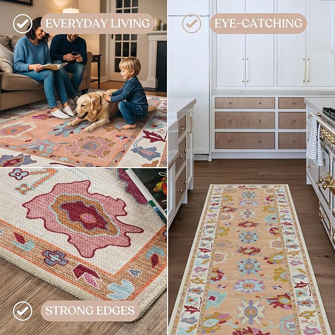 Fame Living Orange Oushak Rug, Modern, Vintage, Turkish, Eclectic, Floral, Pastel, Washable, Large Area Rugs for Living Room, Dining, Bedroom, Girls, Boys, 7'5"x9'8"