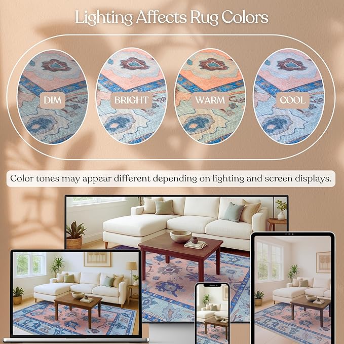 Fame Living Modern Oushak Rug, Vintage, Turkish, Eclectic, Floral, Pastel, Washable, Area Rugs for Living Room, Dining, Bedroom, Nursery, Girls, Boys, 5'9"x8'9"