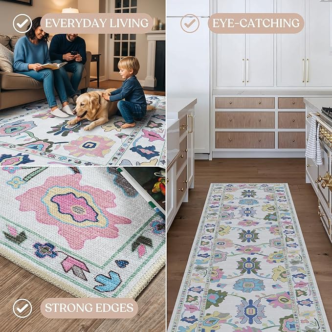 Fame Living Colorful Oushak Rug, Modern, Vintage, Turkish, Eclectic, Floral, Pastel, Washable, Area Rugs for Living Room, Dining, Bedroom, Nursery, Girls, Boys, 5'9"x8'9"