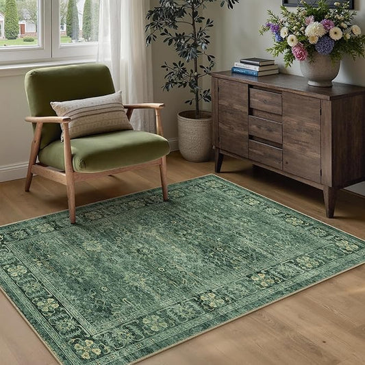 Green Washable Rugs 3X5 Entryway Vintage Distressed Small Area Rug Non Slip Low Pile Floral Carpet Indoor Office Retro Rug for Entrance Dining Room Office Bathroom