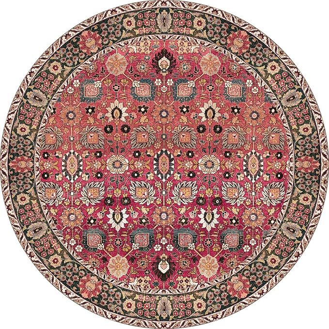 vivorug Round Rug 5ft Vintage Round Area Rug Non-Slip Indoor Carpet for Living Room Bedroom Entryway, Stain Resistant Home Decor Circle Rug, Cherry Red/Spice