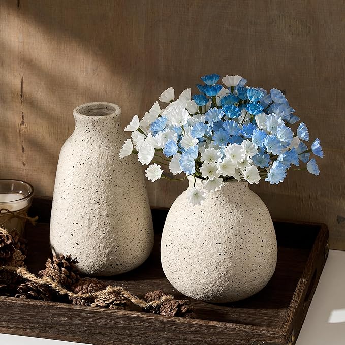 Ceramic Vase Set of 2 for Home Decor, Handcrafted Sesame Dot White Rustic Terracotta Vases, Vintage Farmhouse Decor, Minimalist Decorative Vases for Table Centerpiece Fireplace Nightstand Decoration