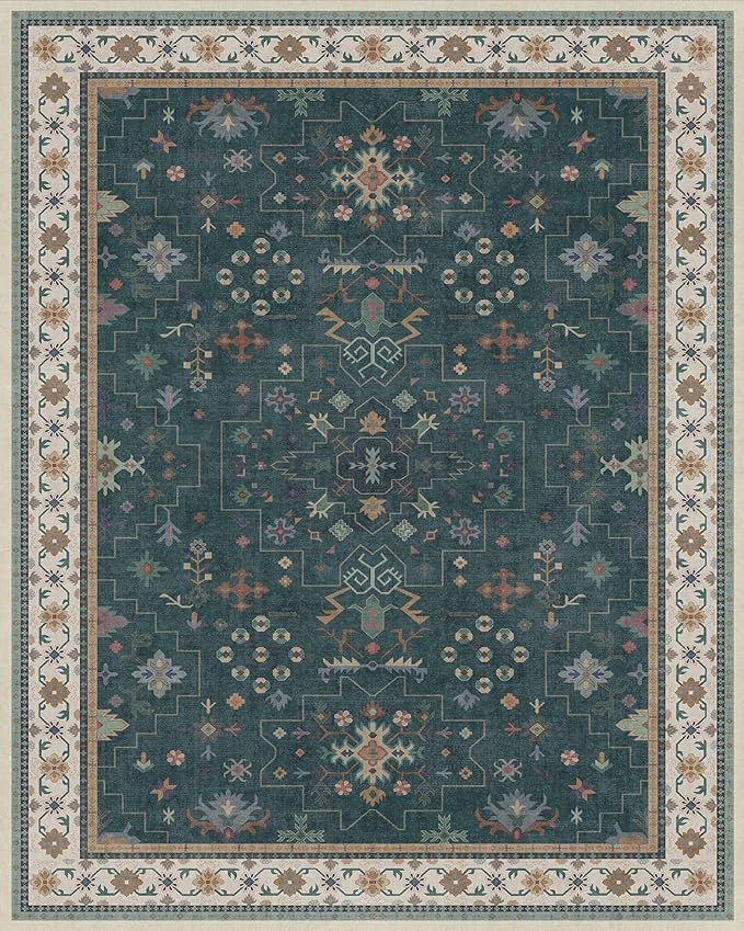 Dark Green Vintage 8x10 Washable Rugs for Living Room - Dark Academia Victorian Floral Geometric Bedroom Rug, Ultra Soft Thin Low Pile Non-Slip Large Rugs for Dining Room Under Table Lounge