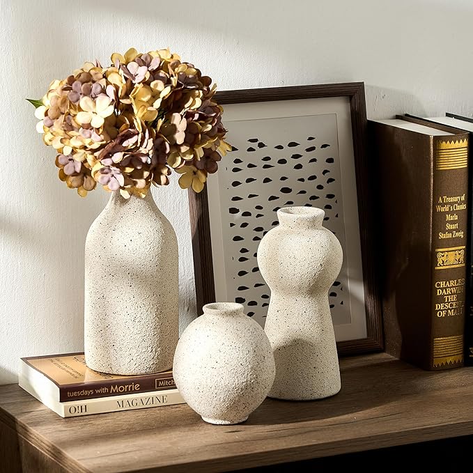 Ceramic Vase Set of 3 for Home Decor, Handcrafted Sesame Dot White Rustic Terracotta Vases, Vintage Farmhouse Decor, Minimalist Decorative Vases for Table Centerpiece Fireplace Nightstand Decoration