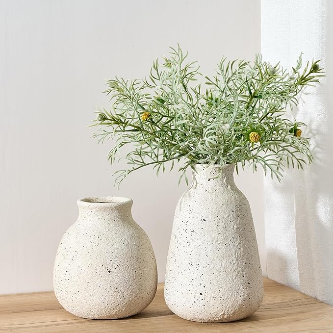 Ceramic Vase Set of 2 for Home Decor, Handcrafted Sesame Dot White Rustic Terracotta Vases, Vintage Farmhouse Decor, Minimalist Decorative Vases for Table Centerpiece Fireplace Nightstand Decoration