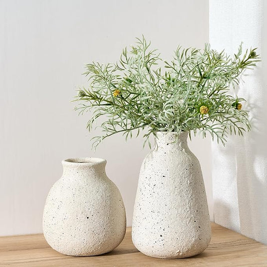 Ceramic Vase Set of 2 for Home Decor, Handcrafted Sesame Dot White Rustic Terracotta Vases, Vintage Farmhouse Decor, Minimalist Decorative Vases for Table Centerpiece Fireplace Nightstand Decoration