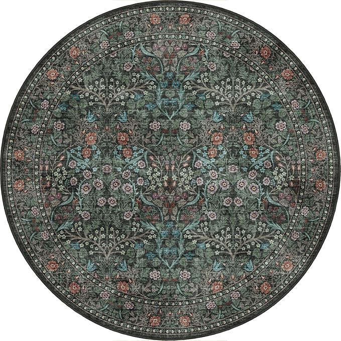 Boho Round Rug 4ft - Soft Washable Black Green Floral Round Bathroom Rug Non Slip Stain Resistant Vintage Botanical Circle Area Rugs for Living Room Bedroom Entryway Dining Room Office Nursery