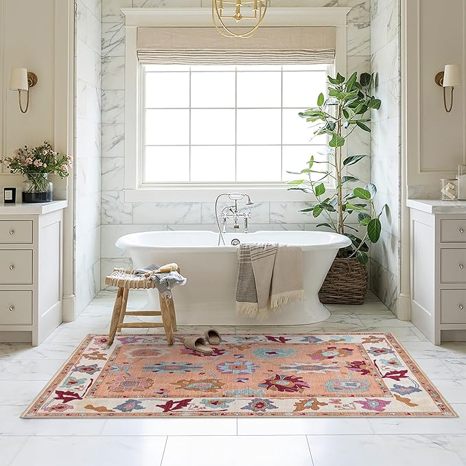 Fame Living Orange Oushak Rug, Modern, Vintage, Turkish, Eclectic, Floral, Pastel, Washable, Large Area Rugs for Living Room, Dining, Bedroom, Girls, Boys, 7'5"x9'8"
