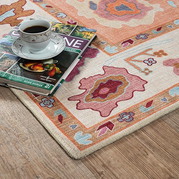 Fame Living Orange Oushak Rug, Modern, Vintage, Turkish, Eclectic, Floral, Pastel, Washable, Large Area Rugs for Living Room, Dining, Bedroom, Girls, Boys, 7'5"x9'8"