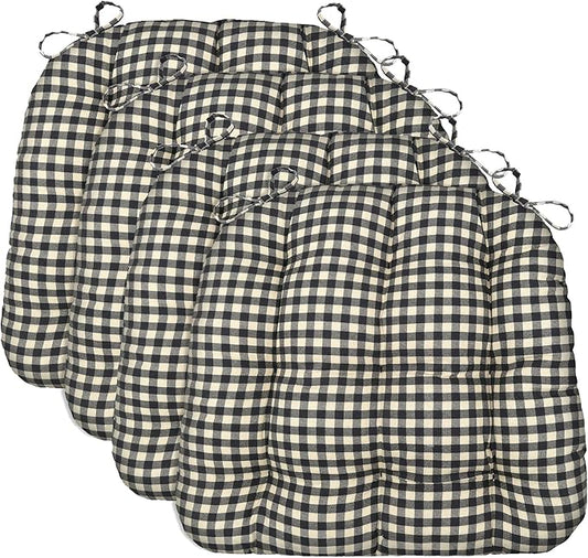 Barnett Home Decor Chair Cushions for Dining Chairs - 16.5x18 Kitchen Chair Cushions - Machine Washable, 100% Cotton, Made in USA - Latex Foam Chair Pads - Farmhouse Check Black and White Pack of 4
