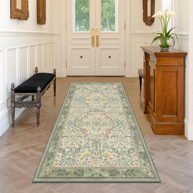 Large Entryway Rugs Indoor - 3x6 Washable Rugs for Kitchen Bedroom Beside Bed Door Mat Indoor Entrance with Beige Woodland Flowers, Non Slip Stain Resistant Low Pile