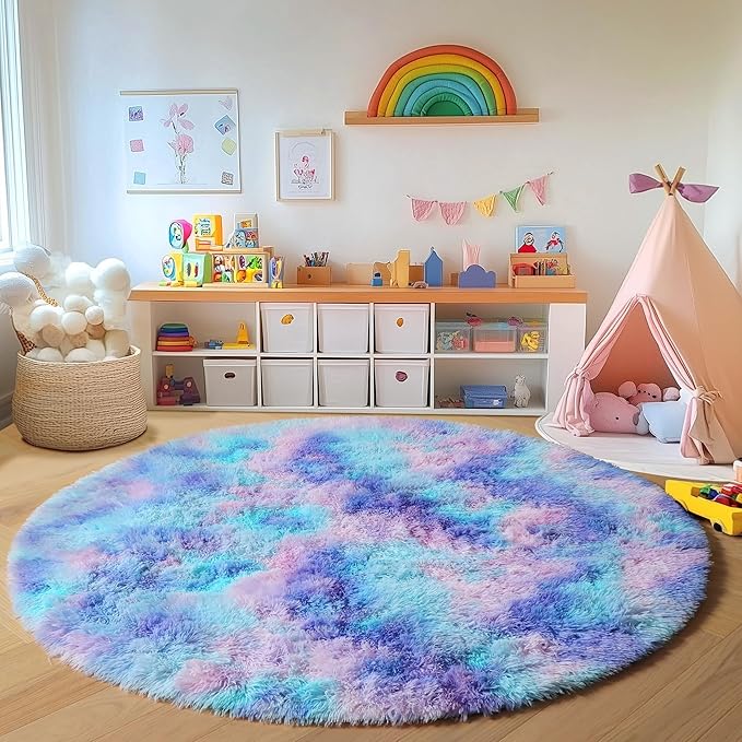 ONASAR Rainbow Round Area Rug 4ft, Soft Bedroom Circle Throw Rugs for Kids Girls Boys Teen Dorm Room, Fluffy Plush Shaggy Carpet Mats for Nursery Living Room Playroom Home Decor Princess Castle