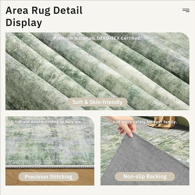 2x3 Abstract Washable Rugs for Kitchen, Floor, Entryway, Powder Room Small Area Rug Non-Slip Vintage Low Pile Throw Door Mat Green Ivory