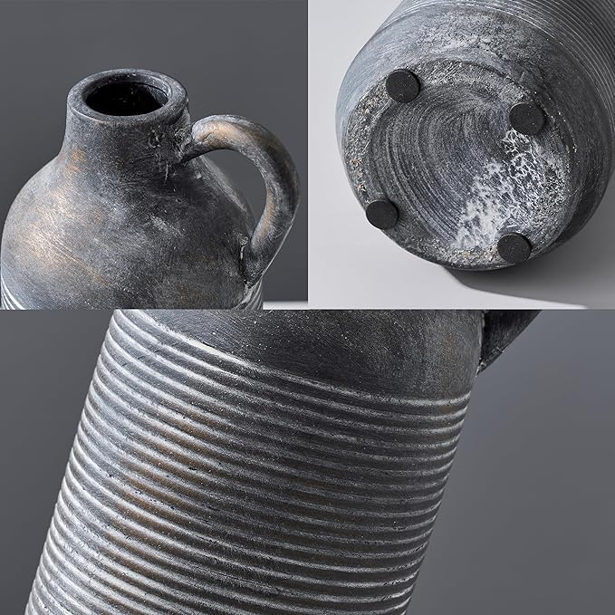 Ceramic Rustic Vase for Home Decor, Terracotta Vase with Handle, Handcrafted Vintage Decorative Flower Vase for Farmhouse, Living Room, Table, Fireplace, Nightstand - Black Bronze