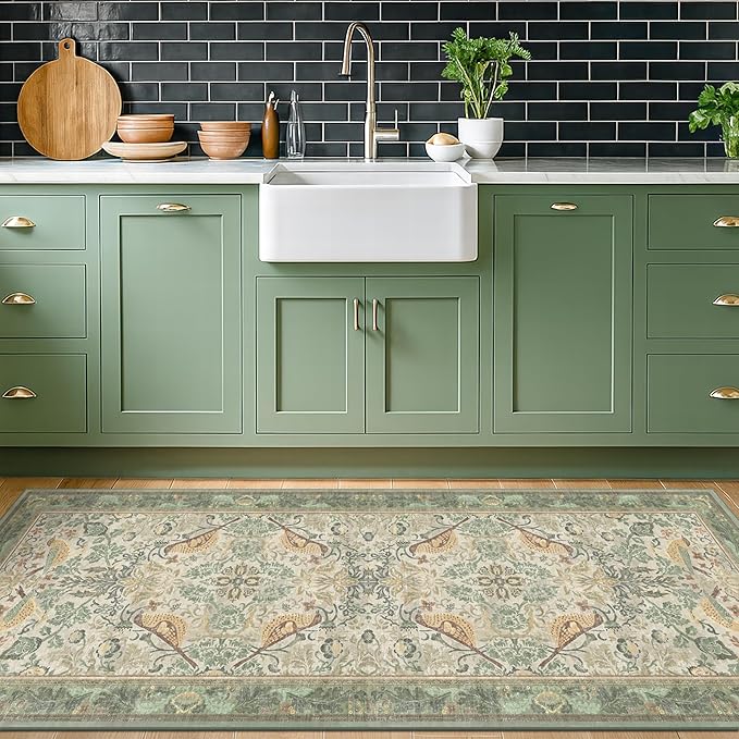 8ft Long Floral Kitchen Runners - Sage 2x8 Runner Rug for Hallway Bathroom Laundry Room Bedroom Beside Bed Entryway, Boho Birds Leaves Patterned Non Slip Low Pile Washable Rugs