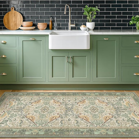 8ft Long Floral Kitchen Runners - Sage 2x8 Runner Rug for Hallway Bathroom Laundry Room Bedroom Beside Bed Entryway, Boho Birds Leaves Patterned Non Slip Low Pile Washable Rugs