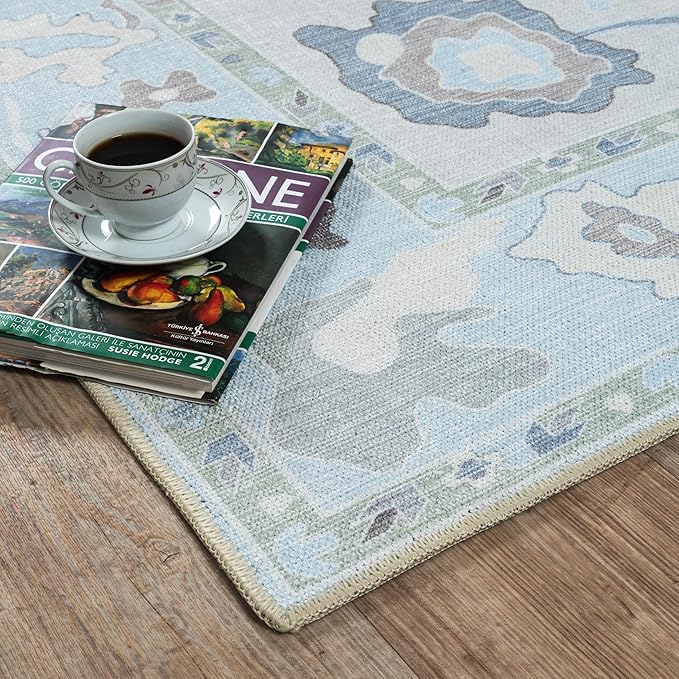 Fame Living Cream Blue Oushak Rug, Modern, Vintage, Turkish, Eclectic, Floral, Pastel, Washable, Area Rugs for Living Room, Dining, Bedroom, Nursery, Girls, Boys, 5'9"x8'9"