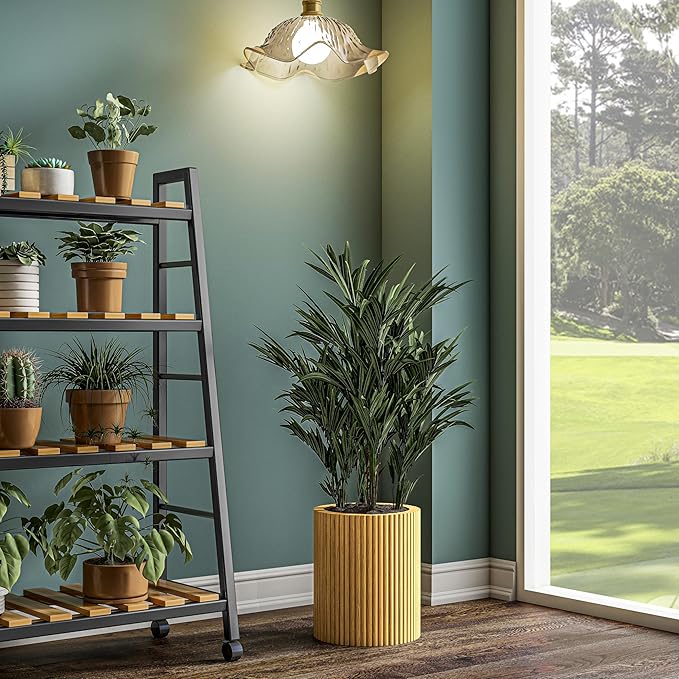 SHYFOY Fluted Wooden Round Indoor Outdoor Planters, Cylinder Decorative Floor Vase Flower Plant Pots for Living Room Dining Bedroom Home Corner