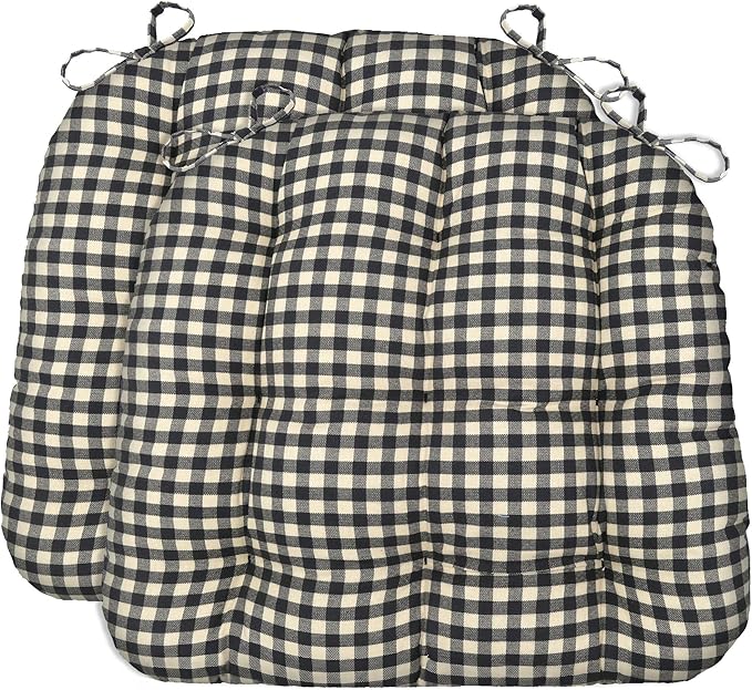 Barnett Home Decor Dining Chair Cushions with Ties – Small 15 x 17 - Latex Foam 100% Cotton, Machine Washable Chair Pads for Kitchen Chairs, Made in USA (Farmhouse Check Black and White/Pack of 2)