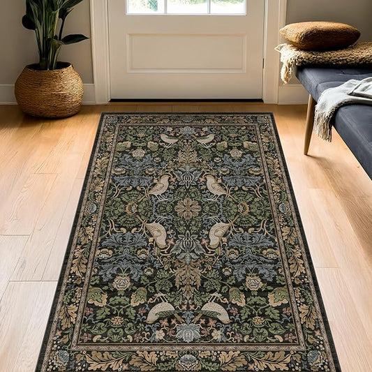 Large Entryway Rugs Indoor - 3x5 Washable Rugs for Kitchen Bedroom Beside Bed Door Mat Indoor Entrance with Moody Woodland Flowers, Non Slip Stain Resistant Low Pile