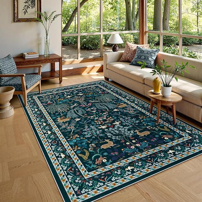 OJIA Living Room Rug 5x7 Area Rug, Soft Washable Rugs for Bedroom Ultra-Thin Non-Slip Floral Animal Print Carpet Stain Resistant Nursery Rug for Kids Playroom Classroom Dining Room, Blue