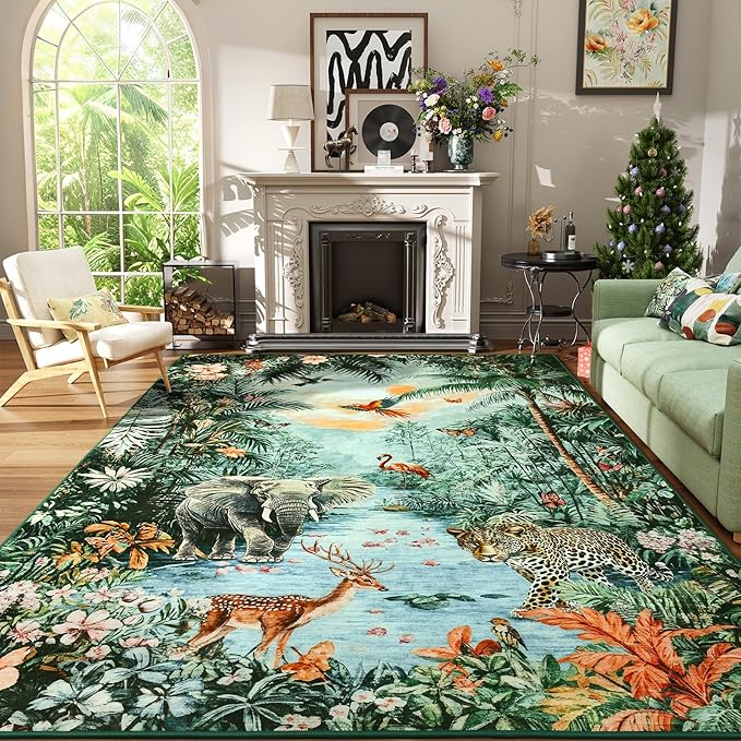 Amearea Jungle 8x10 Large Rugs for Living Room, Washable Green Area Rug 8 x 10 Forest Animal Rug, Low Pile Kids Nursery Room Rug, Soft Leopard Rugs Carpet for Boys Girls Playroom Dining Room Decor
