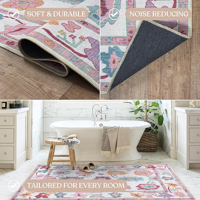 Fame Living Pink Oushak Rug, Modern, Vintage, Turkish, Eclectic, Floral, Pastel, Washable, Large Area Rugs for Living Room, Dining, Bedroom, Girls, Boys, 7'5"x9'8"