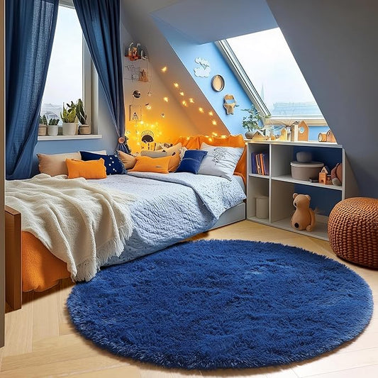 ONASAR Navy Blue Round Area Rug 4ft, Soft Bedroom Circle Rugs Floor Mat for Kids Girls Boys Teen Room, Fluffy Plush Shaggy Carpet for Baby Nursery Living Room Playroom Dorm Home Decor