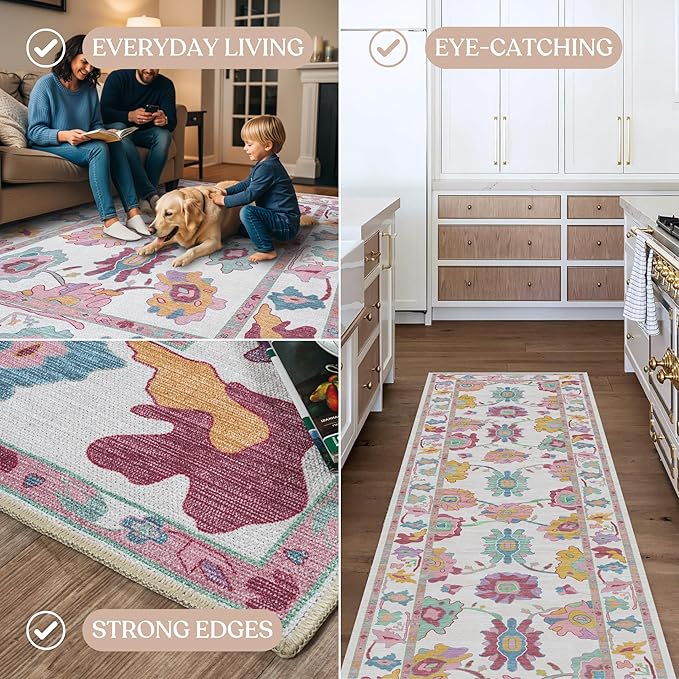 Fame Living Pink Oushak Rug, Modern, Vintage, Turkish, Eclectic, Floral, Pastel, Washable, Large Area Rugs for Living Room, Dining, Bedroom, Girls, Boys, 7'5"x9'8"