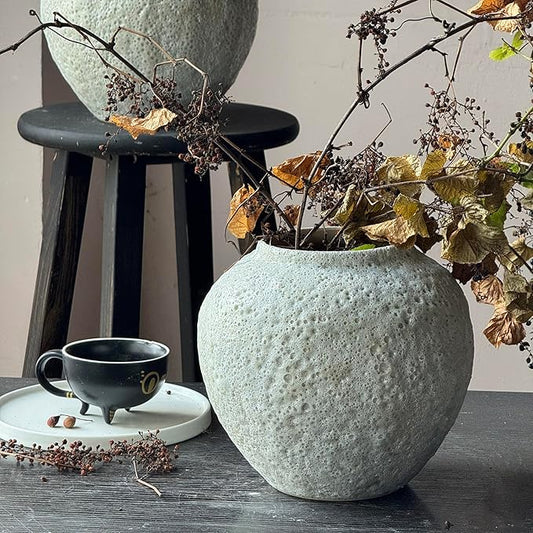 Denique Rustic Ceramic Tall Floor Vase, Vintage Farmhouse Decor - Large Terracotta Vases for Living Room Entryway Centerpiece (White-7.87inch Height)