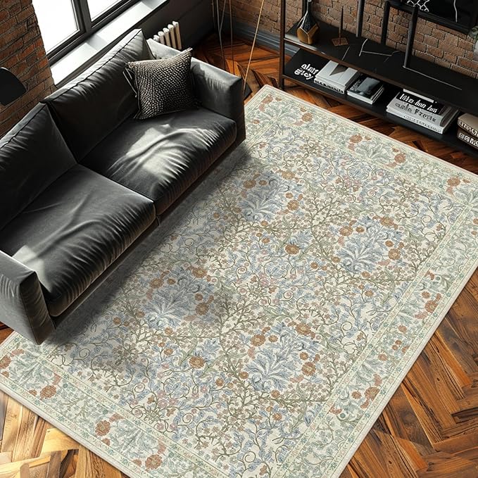 Vintage Beige Blue Living Room Rug, 6x9 Washable Area Rugs for Dining Room Under Table, Soft Low Pile Large Carpet Bedroom, Non-Slip Boho Floral (6 x 9 Beige Blue)
