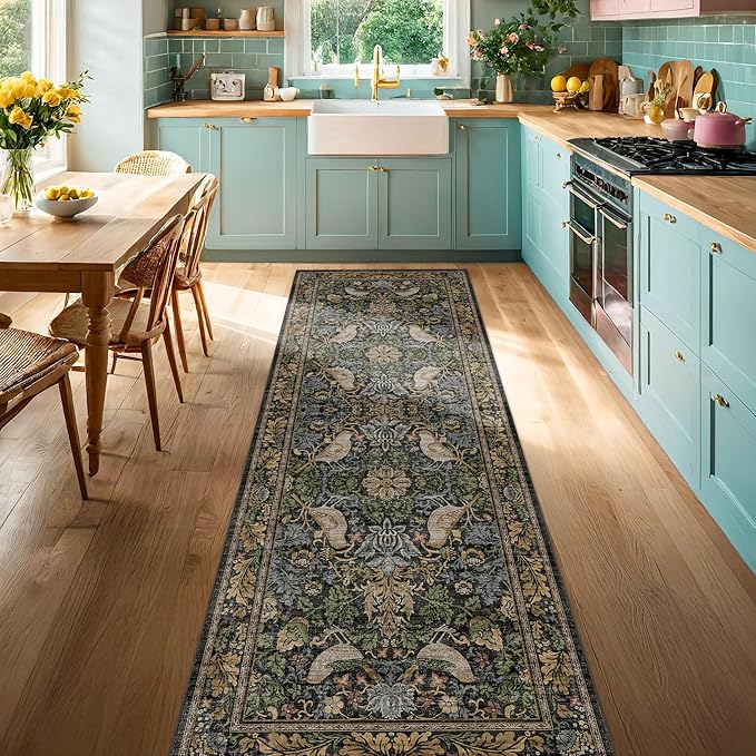8ft Long Floral Kitchen Runners - 2x8 Runner Rug for Hallway Bathroom Laundry Room Bedroom Beside Bed Entryway, Boho Birds Leaves Patterned Non Slip Low Pile Washable Rugs