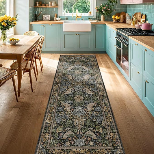 8ft Long Floral Kitchen Runners - 2x8 Runner Rug for Hallway Bathroom Laundry Room Bedroom Beside Bed Entryway, Boho Birds Leaves Patterned Non Slip Low Pile Washable Rugs